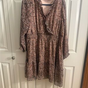 Maurices Long Sleeve Printed Smocked Waist Dress - Pink/Brown